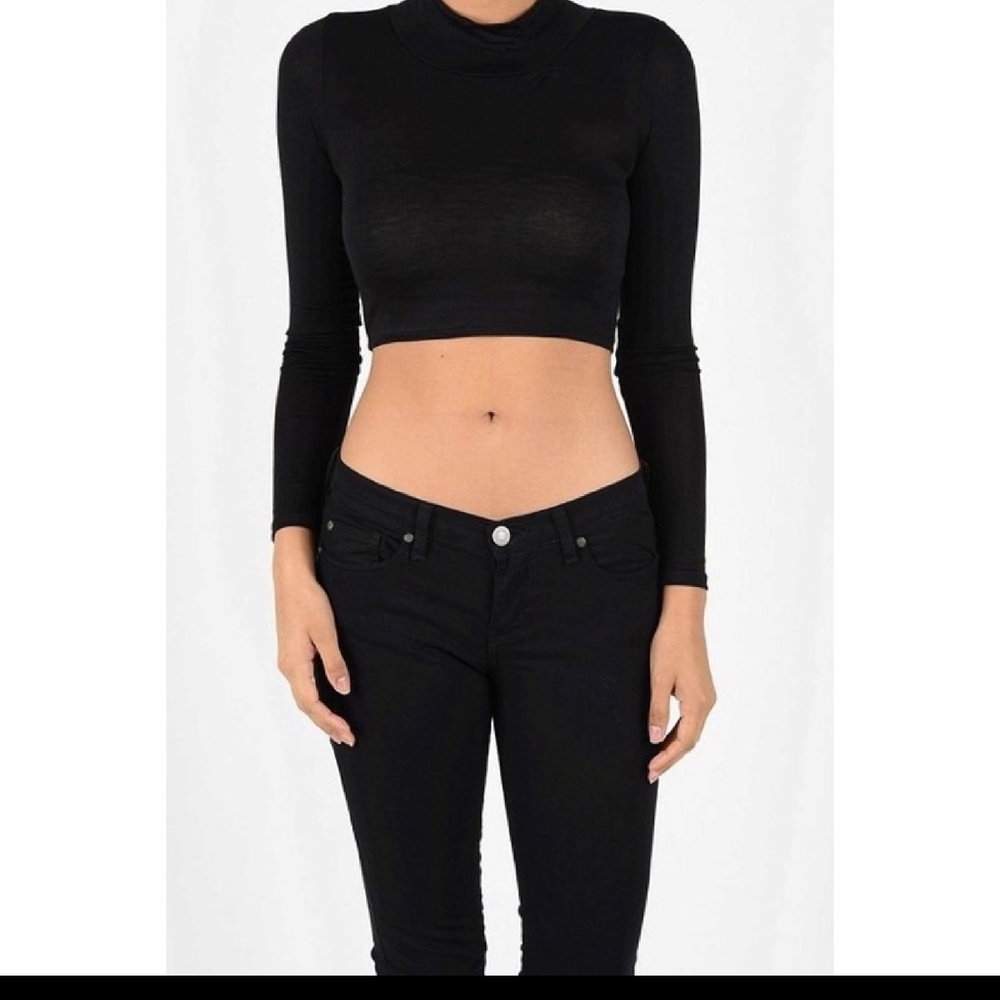 BLACK MOCK NECK CROP TOP LONG SLEEVE - Picture 2 of 3